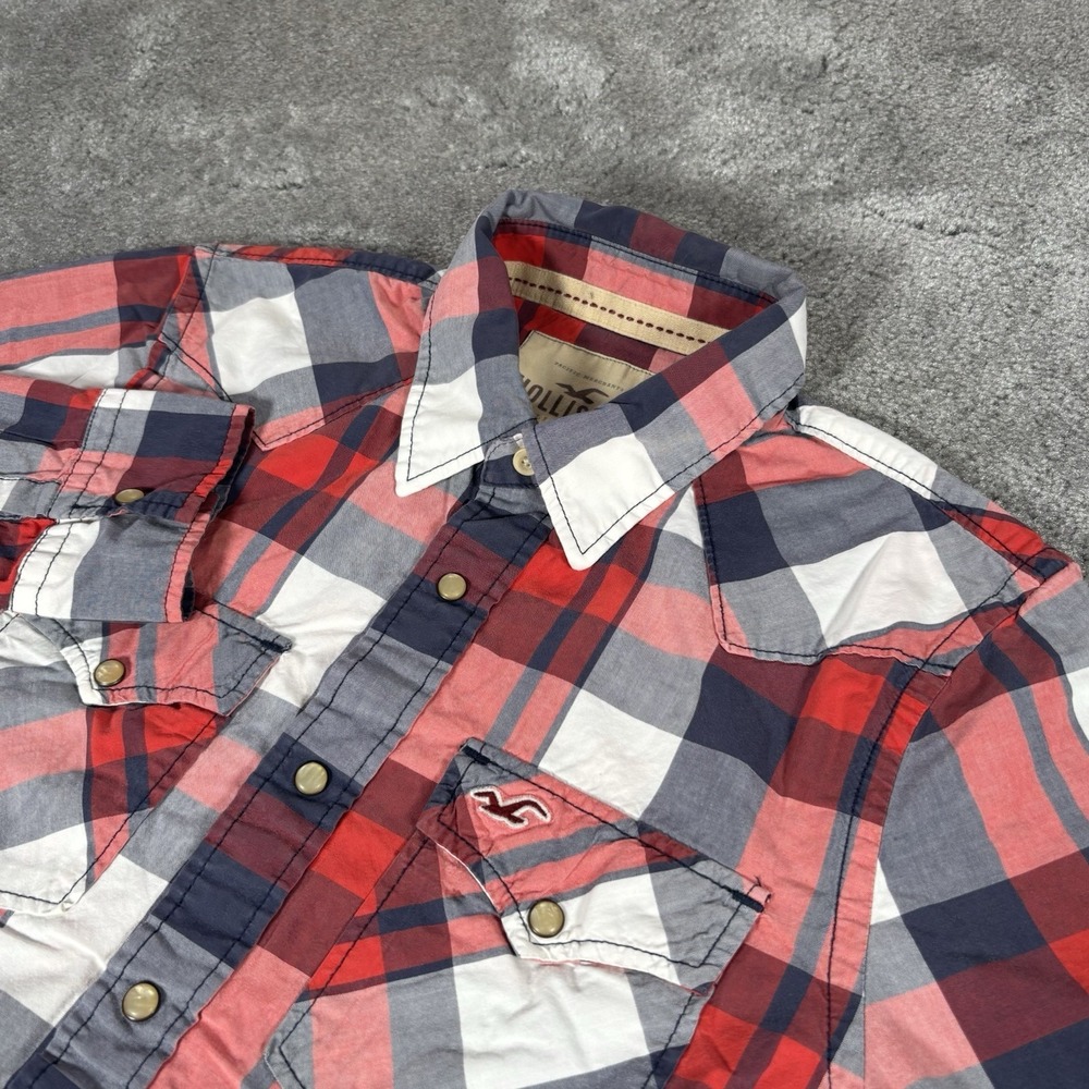 Vintage Hollister Pearl Snap Shirt Mens M Blue Red Plaid Long Sleeve Western Y2K